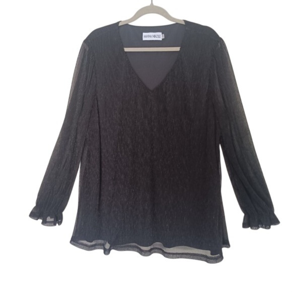 Hanna Nikole Blouse Women 24W Black Pleated Mesh V-Neck Ruffle Cuff Tunic